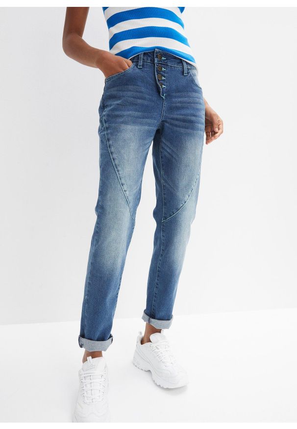 bonprix - Dżinsy boyfriend, niski stan, ze stretchem. Stan: obniżony. Kolor: niebieski