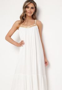 Born2be - Biała Wiskozowa Sukienka z Ramiączkami Zdobiona Cekinami i Metaliczną Nitką Comalara. Okazja: na co dzień, na imprezę. Typ kołnierza: dekolt w serek. Kolor: biały. Materiał: wiskoza. Długość rękawa: na ramiączkach. Wzór: aplikacja. Styl: casual #3