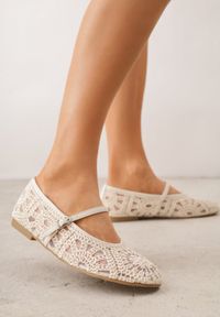Renee - Beżowe Plecione Balerinki Boho w Stylu Mary Jane z Siateczki Raithea. Nosek buta: okrągły. Zapięcie: pasek. Kolor: beżowy. Wzór: ażurowy, haft. Styl: boho #6