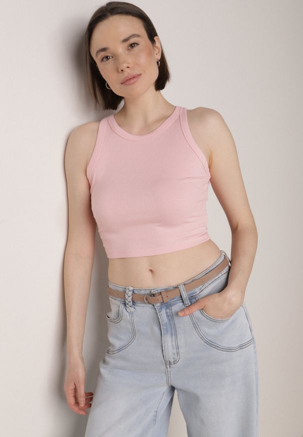 Born2be - Różowy Top z Prążkowanego Materiału Zitessa. Okazja: na co dzień. Kolor: różowy. Materiał: prążkowany, materiał. Długość rękawa: na ramiączkach. Styl: casual, elegancki, klasyczny