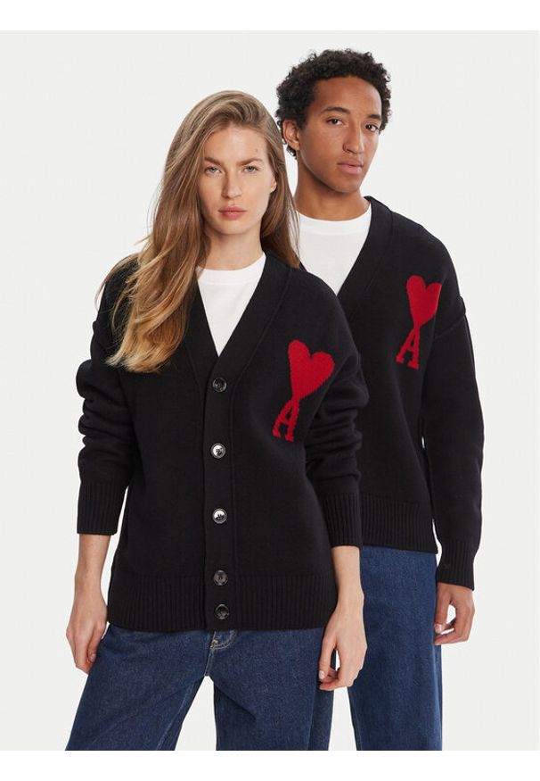 AMI PARIS - AMI Paris Kardigan BFUKC006.018 Czarny Regular Fit. Kolor: czarny. Materiał: wełna