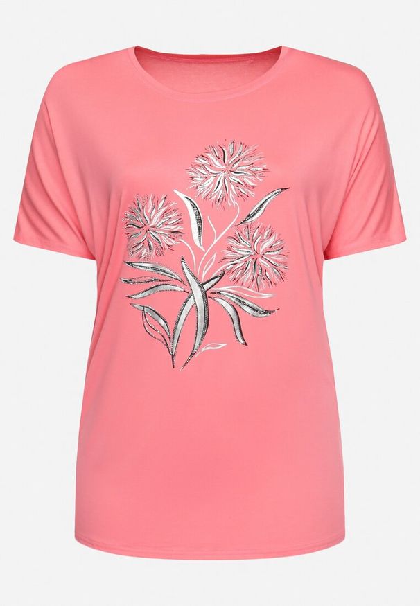 Born2be - Różowa Bluzka Ozdobiona Cyrkoniami i Metalicznym Nadrukiem Ralilena. Okazja: na co dzień. Kolor: różowy. Materiał: jeans. Długość rękawa: krótki rękaw. Długość: krótkie. Wzór: aplikacja, nadruk. Styl: casual