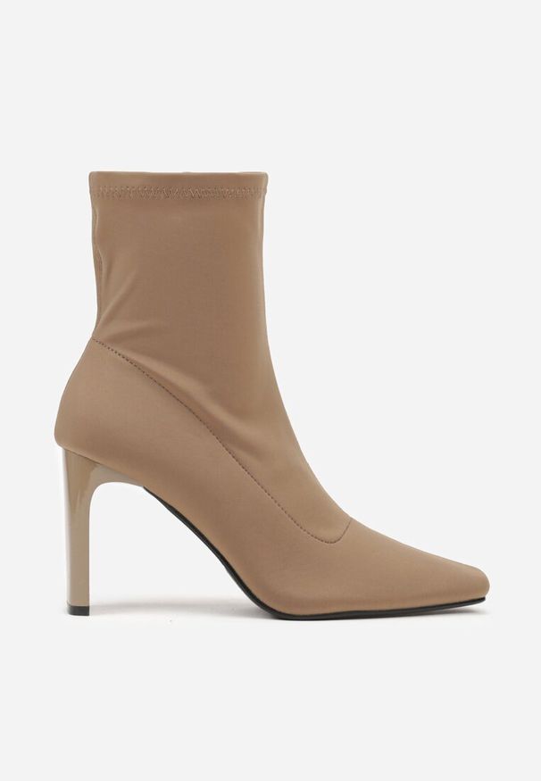 Born2be - Ciemnobeżowe Skarpetkowe Botki na Słupku z Noskiem w Szpic Atine. Okazja: na co dzień, na spotkanie biznesowe, do pracy. Zapięcie: zamek. Kolor: beżowy. Materiał: jeans. Szerokość cholewki: normalna. Obcas: na słupku. Styl: biznesowy, casual, elegancki, klasyczny