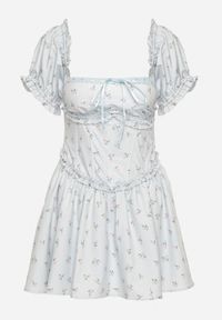 Born2be - Niebieska Sukienka Vices z Bufkami Falbankami i Wiązaniem w Kwiaty Tolalira. Okazja: na co dzień. Typ kołnierza: kołnierz z falbankami. Kolor: niebieski. Materiał: skóra. Wzór: kwiaty. Styl: klasyczny, casual, elegancki #6