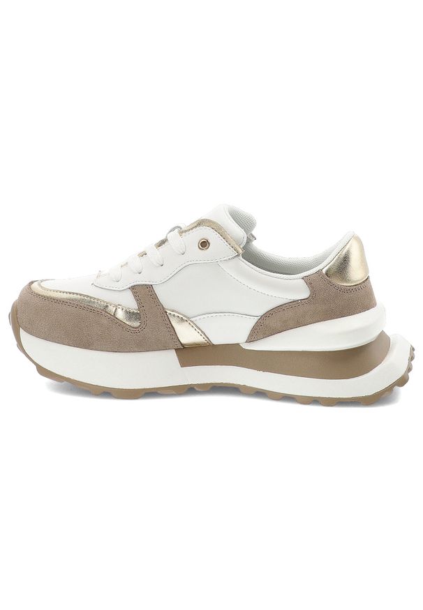 Biało-Beżowe Sneakersy Filippo Stylowe Obuwie Damskie Na Solidnej Podeszwie. Zapięcie: sznurówki. Kolor: biały. Materiał: materiał. Szerokość cholewki: normalna