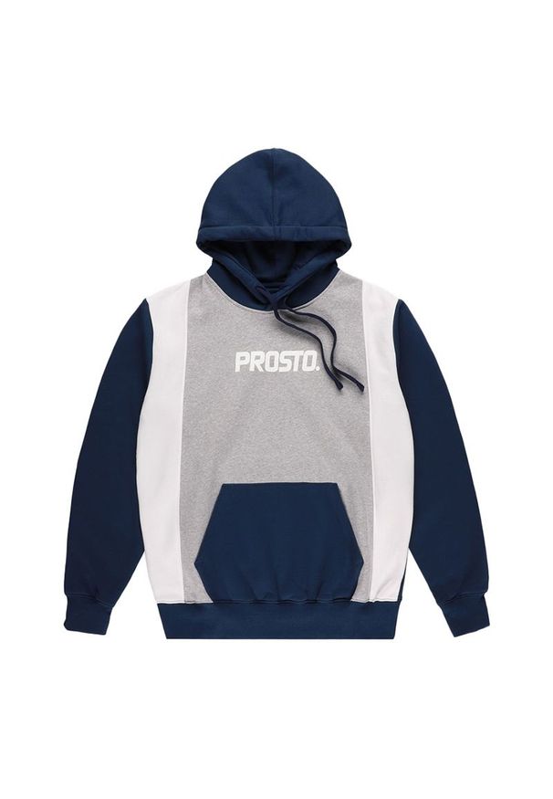 Bluza Prosto Klasyk Hoodie Shue KL222MSWE2092 - szaro-granatowa. Okazja: na spacer, na co dzień. Typ kołnierza: kaptur. Kolor: niebieski, wielokolorowy, szary. Materiał: materiał, bawełna, dresówka. Wzór: aplikacja. Styl: casual, klasyczny. Sport: turystyka piesza