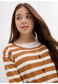 bonprix - Sweter rozpinany z dzianiny o splocie drobnych oczek z miękkiej mieszanki wiskozy. Kolor: brązowy. Materiał: dzianina, wiskoza. Długość: krótkie. Wzór: ze splotem #2