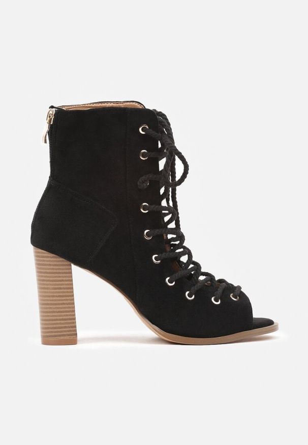 Renee - Czarne Botki Sandały na Obcasie z Noskiem Peep Toe i Sznurowaniem Celdanis. Okazja: na co dzień. Nosek buta: otwarty. Kolor: czarny. Materiał: jedwab, jeans. Sezon: lato, wiosna. Obcas: na obcasie. Styl: elegancki, casual. Wysokość obcasa: średni