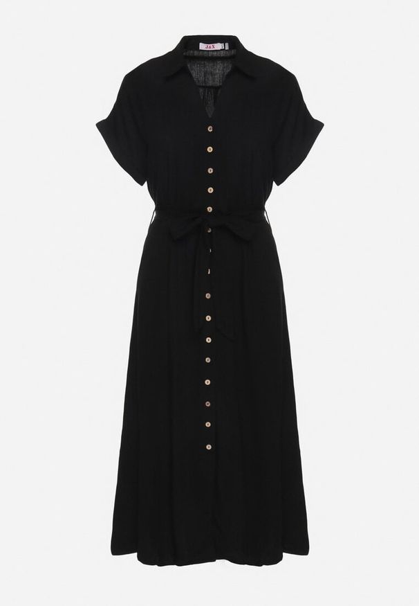 Born2be - Czarna Sukienka Koszulowa z Wiskozy i Lnu Wiązana w Talii z Kieszeniami Efrasira. Okazja: na co dzień. Kolor: czarny. Materiał: wiskoza, len. Typ sukienki: koszulowe. Styl: casual, elegancki