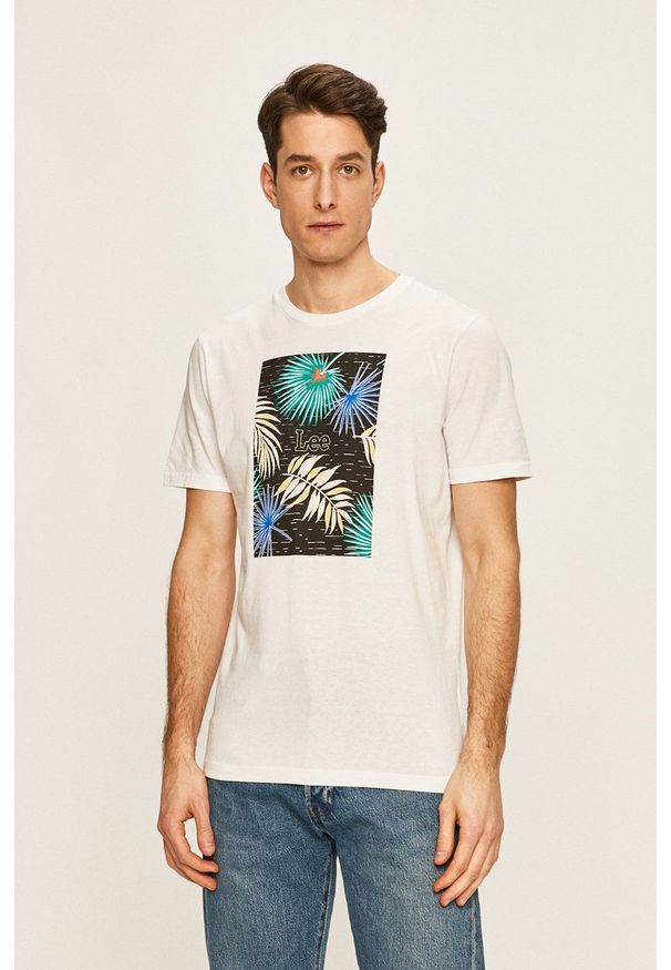 Lee - T-shirt. Okazja: na co dzień. Kolor: biały. Materiał: dzianina. Wzór: nadruk. Styl: casual
