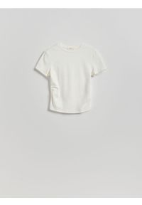 Reserved - T-shirt z marszczeniem - biały. Kolor: biały. Materiał: bawełna, dzianina