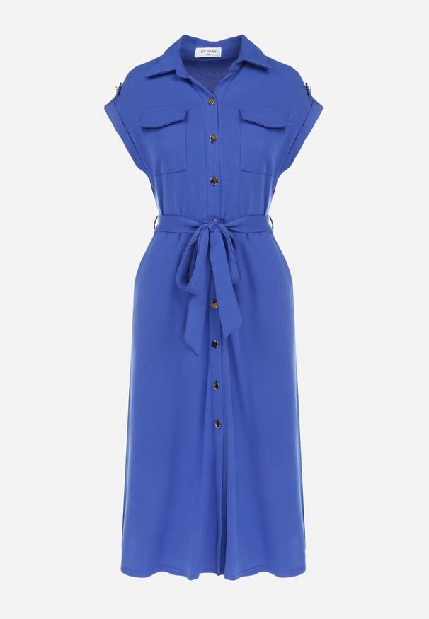 Born2be - Niebieska Sukienka Koszulowa Phinitrite. Okazja: na co dzień. Kolor: niebieski. Wzór: aplikacja. Typ sukienki: koszulowe. Materiał: materiał. Długość rękawa: krótki rękaw. Sezon: lato. Styl: casual. Długość: midi