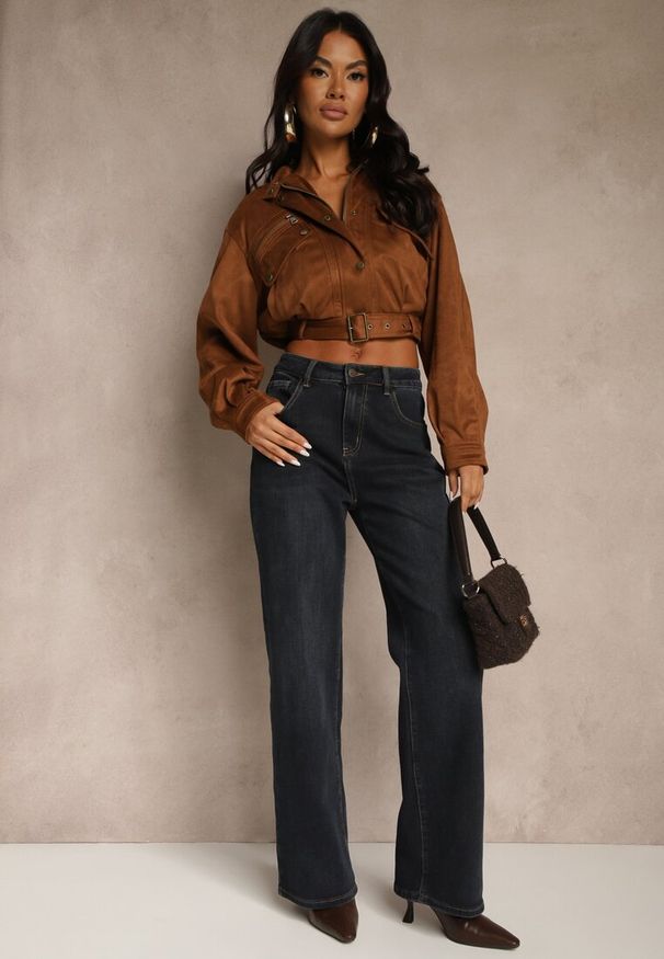 Renee - Granatowe Jeansy High Waist Wide Leg z Domieszką Wiskozy Zenisia. Okazja: na co dzień. Stan: podwyższony. Kolor: niebieski. Styl: casual, elegancki