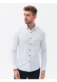 Ombre Clothing - Bawełniana koszula męska z kontrastowymi guzikami REGULAR FIT - biała V1 K639 - XL. Kolor: biały. Materiał: bawełna. Wzór: nadruk #1