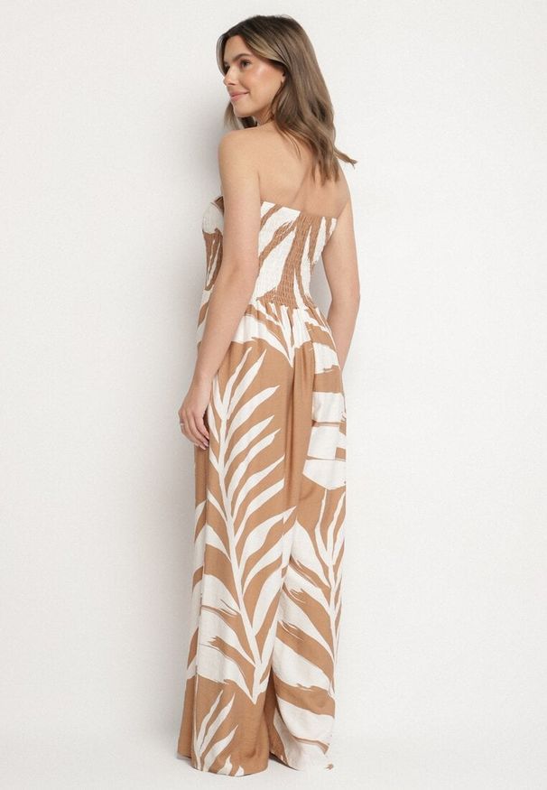 Born2be - Beżowy Kombinezon z Wiskozą i Lnem Ozdobiony Wzorem LIści Fevisaie. Okazja: na co dzień. Kolor: beżowy. Materiał: wiskoza, len. Długość: długie. Wzór: aplikacja. Sezon: lato. Styl: elegancki, casual
