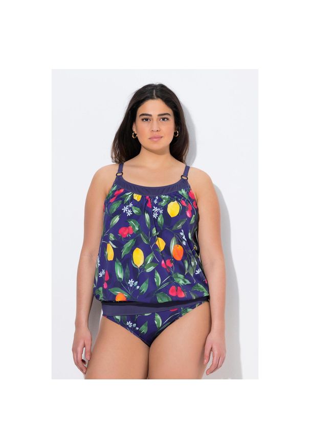 ULLA POPKEN - Damskie Tankini owoce miękkie miseczki ramiączka z regulacją. Kolekcja: plus size. Kolor: niebieski. Materiał: poliester, elastan, poliamid, materiał