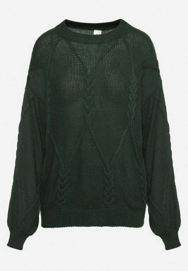 Born2be - Ciemnozielony Sweter Ozdobiony Ściągaczami i Splotem Temirene. Okazja: na co dzień. Kolor: zielony. Materiał: dzianina, jeans. Wzór: aplikacja, ze splotem. Styl: casual