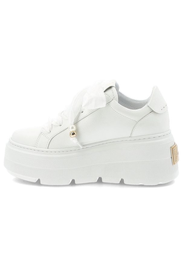 CheBello - Sneakersy damskie Chebello, model na podwyższonej platformie z cholewką ze skóry naturalnej, wiązany szerokimi tasiemkami, z masywną podeszwą o wyraź. Okazja: na co dzień. Kolor: biały. Materiał: skóra. Szerokość cholewki: normalna. Wzór: grochy. Obcas: na platformie. Styl: casual, elegancki, sportowy, klasyczny