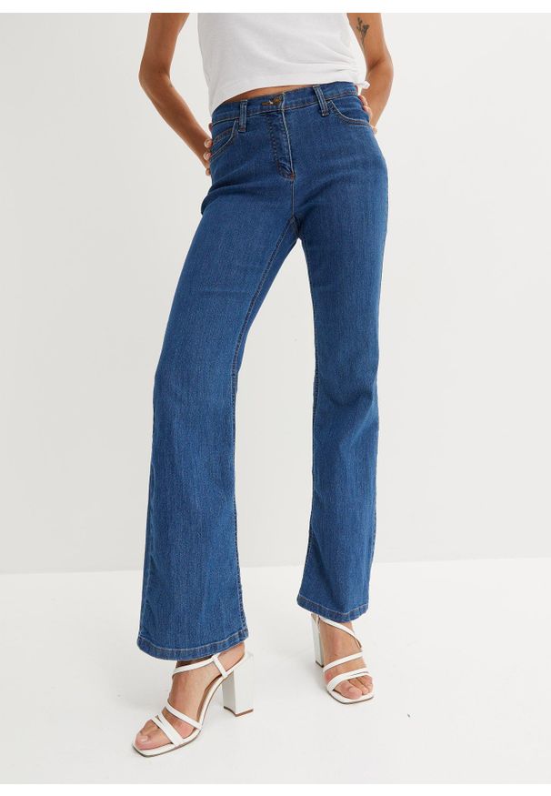 bonprix - Dżinsy ze stretchem o kroju bootcut, mid waist. Kolor: niebieski. Styl: klasyczny