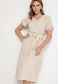 Born2be - Jasnobeżowa Bawełniana Sukienka Boho o Rozkloszowanym Kroju Zdobiona Haftem Lannivra. Okazja: na co dzień, na imprezę. Typ kołnierza: dekolt w kształcie V. Kolor: beżowy. Materiał: bawełna. Wzór: aplikacja, haft. Sezon: lato. Typ sukienki: rozkloszowane. Styl: boho #7