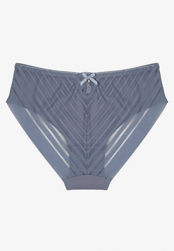 Renee - Niebieskie Majtki Typu Figi Ozdobione Paskami Ranmis. Kolor: niebieski. Materiał: koronka, jeans. Wzór: aplikacja