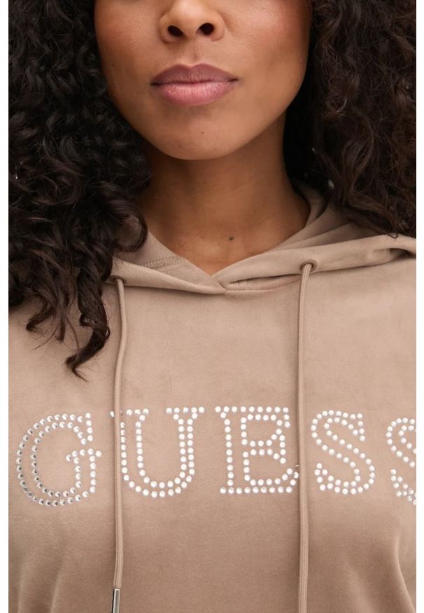 Guess - GUESS Brązowa welurowa damska bluza Couture, Rozmiar XS. Kolor: brązowy. Materiał: welur