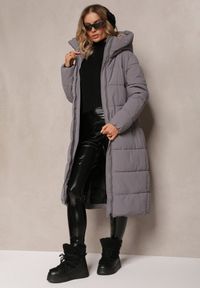 Renee - Szara Długa Kurtka Płaszcz z Pikowaniem oraz Kapturem Madirre. Okazja: na co dzień. Kolor: szary. Materiał: jeans, tkanina. Długość: długie. Sezon: zima. Styl: casual, elegancki