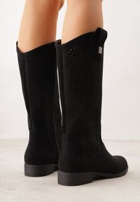 Renee - Czarne Ażurowe Botki z Geometryczną Ozdobą Naeraste. Okazja: na co dzień. Kolor: czarny. Materiał: jeans. Wzór: geometria, ażurowy, aplikacja. Styl: casual #9