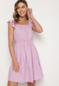 Born2be - Fioletowa Sukienka z Wiskozą o Rozkloszowanym Kroju z Gumką w Pasie Lirimere. Okazja: na co dzień. Typ kołnierza: kołnierz z falbankami. Kolor: fioletowy. Materiał: wiskoza. Długość rękawa: na ramiączkach. Styl: casual, elegancki #6