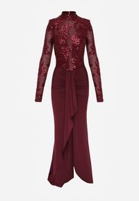 Born2be - Bordowa Cekinowa Sukienka Wieczorowa z Półgolfem i Trenem Eylnore. Okazja: na imprezę. Kolor: czerwony. Wzór: aplikacja. Styl: wizytowy #5