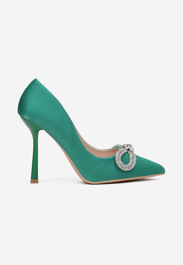 Renee - Zielone Wysokie Szpilki z Biżuteryjną Kokardką i Cyrkoniami Chine. Kolor: zielony. Wzór: aplikacja. Obcas: na szpilce. Styl: elegancki