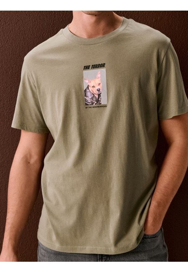 Sinsay - Bawełniana koszulka z nadrukiem - zielony. Kolor: zielony. Materiał: bawełna. Wzór: nadruk