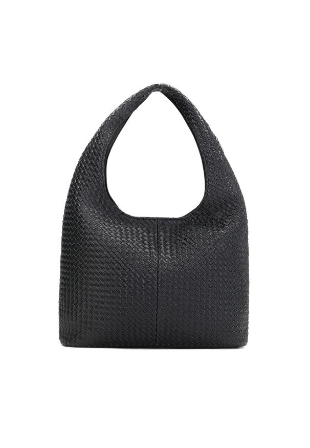 Kazar - Czarna torebka hobo ze skóry w pleciony wzór. Kolor: czarny. Materiał: skórzane. Styl: casual. Rodzaj torebki: na ramię