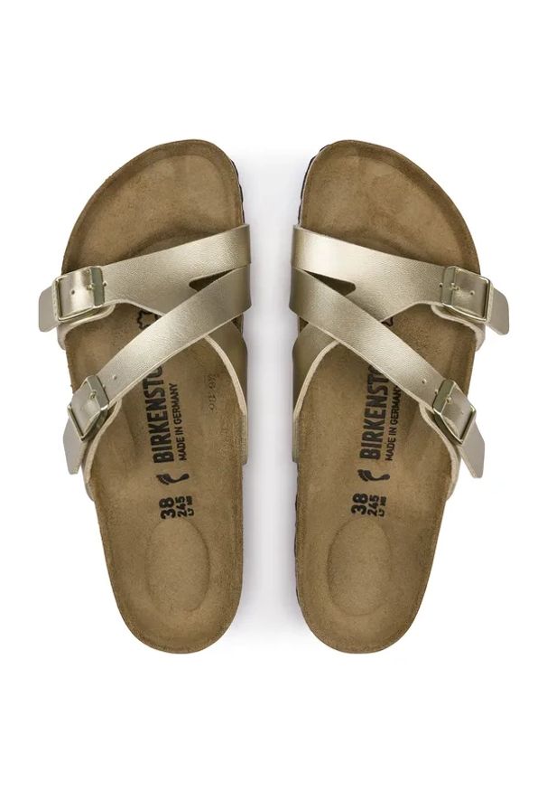 Birkenstock - BIRKENSTOCK Yao Balance BF Gold Klapki damskie. Okazja: na co dzień. Kolor: złoty. Materiał: materiał, skóra. Wzór: paski. Sezon: lato. Styl: casual, elegancki, wakacyjny, klasyczny