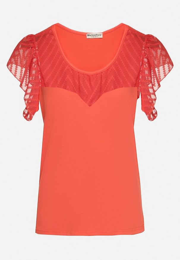 Born2be - Czerwony Bawełniany T-shirt Bluzka z Przezroczystymi Rękawami i Dekoltem Lavinara. Okazja: na co dzień, na randkę. Kolor: czerwony. Materiał: bawełna. Sezon: lato. Styl: casual