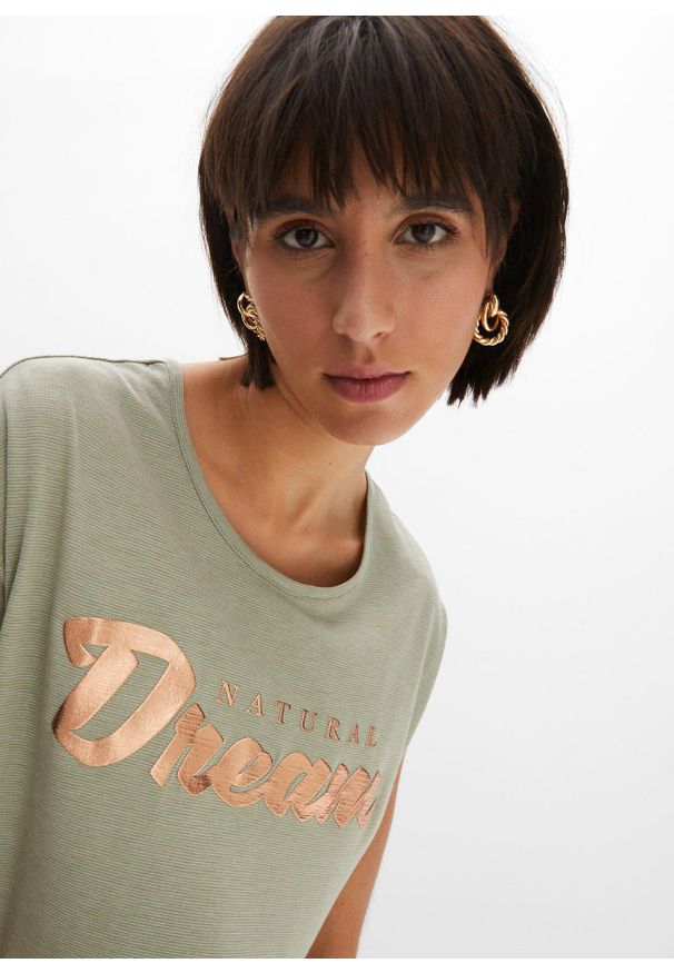 bonprix - Długi T-shirt z mieszanki wiskozy. Kolor: zielony. Materiał: wiskoza. Długość: długie. Wzór: napisy. Styl: elegancki