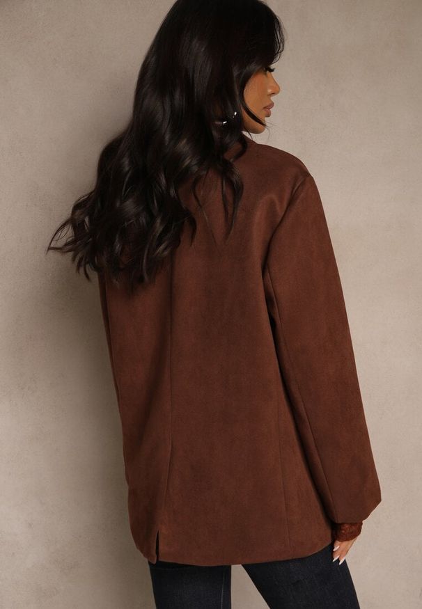 Renee - Brązowa Oversizowa Marynarka w Stylu Retro Zenorela. Okazja: na co dzień. Kolor: brązowy. Materiał: materiał, jeans. Wzór: aplikacja. Styl: retro