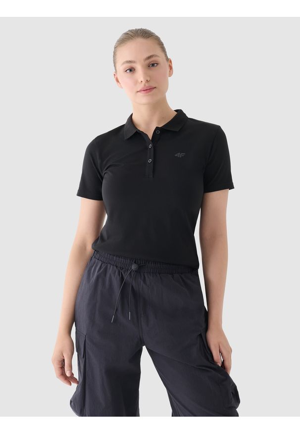 4f - 4F Koszulka polo slim damska - czarna XXL. Okazja: na co dzień. Typ kołnierza: polo. Kolor: czarny. Materiał: dzianina, bawełna, jersey, materiał, elastan. Długość rękawa: krótki rękaw. Długość: krótkie. Wzór: gładki, ze splotem, jednolity. Styl: klasyczny, sportowy, casual