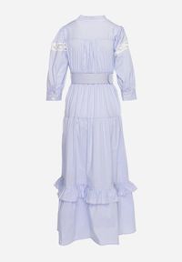 Born2be - Jasnoniebieska Sukienka z Kopertowym Dekoltem o Rozkloszowanym Kroju z Paskiem Latavia. Okazja: na imprezę. Typ kołnierza: dekolt kopertowy. Kolor: niebieski. Materiał: skóra. Długość rękawa: długi rękaw. Wzór: aplikacja. Typ sukienki: kopertowe. Styl: elegancki #5