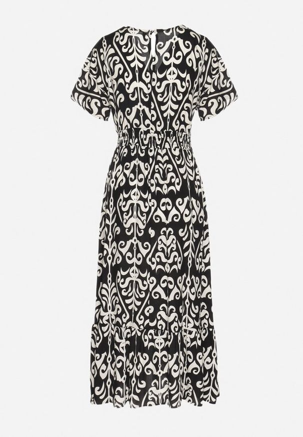 Born2be - Czarna Sukienka z Wiskozy w Abstrakcyjny Wzór Faledira. Okazja: na co dzień. Typ kołnierza: dekolt w serek. Kolor: czarny. Materiał: wiskoza. Długość rękawa: krótki rękaw. Typ sukienki: proste. Styl: casual, klasyczny