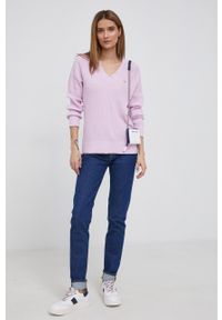TOMMY HILFIGER - Tommy Hilfiger Sweter bawełniany damski kolor różowy. Okazja: na co dzień. Kolor: różowy. Materiał: bawełna. Wzór: ze splotem. Styl: casual #3