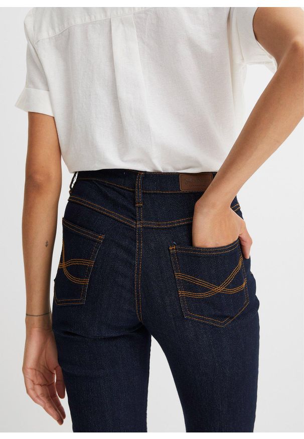 bonprix - Dżinsy Straight, high waist, ze stretchem. Stan: podwyższony. Kolor: niebieski. Styl: klasyczny