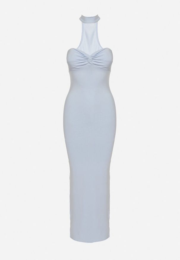 Born2be - Niebieska Sukienka z Wiskozą Zdobiona Marszczeniem i Rozcięciem Lunwena. Okazja: na wesele, na ślub cywilny, na imprezę. Kolor: niebieski. Materiał: wiskoza. Wzór: aplikacja. Styl: klasyczny