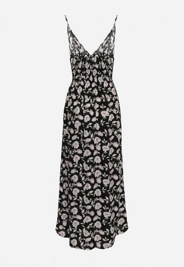 Born2be - Czarna Sukienka Bawełniana Rozkloszowana w Kwiatowy Print na Regulowanych Ramiączkach Rosapia. Typ kołnierza: dekolt w kształcie V. Kolor: czarny. Materiał: bawełna. Długość rękawa: na ramiączkach. Wzór: kwiaty, nadruk. Typ sukienki: rozkloszowane