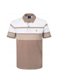 Koszulka Polo - Męska - Pako Jeans - Odcienie Beżów, Pasy. Okazja: na co dzień. Typ kołnierza: polo. Kolor: wielokolorowy, beżowy, brązowy. Materiał: bawełna. Wzór: paski, prążki. Styl: casual