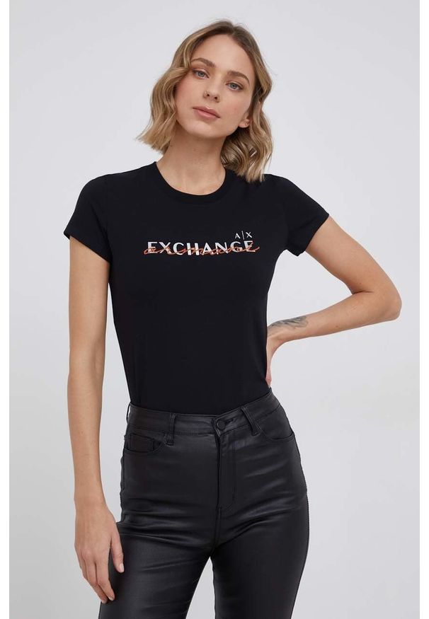 Armani Exchange T-shirt damski kolor czarny. Okazja: na co dzień. Kolor: czarny. Materiał: dzianina. Wzór: nadruk. Styl: casual