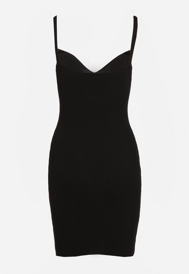 Born2be - Czarna Dopasowana Sukienka z Prążkowanego Materiału z Ażurowym Dekoltem Medna. Okazja: na co dzień. Kolor: czarny. Materiał: materiał, prążkowany. Wzór: ażurowy. Typ sukienki: proste. Styl: elegancki, casual, klasyczny