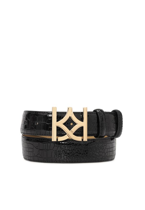 Kazar - Czarny pasek damski z lakierowanej skóry tłoczonej. Kolor: czarny. Materiał: skóra, lakier