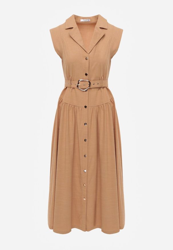 Renee - Beżowa Bawełniano-Wiskozowa Sukienka Koszulowa Bez Rękawów z Paskiem Athithoe. Okazja: na co dzień. Kolor: beżowy. Materiał: wiskoza, bawełna. Długość rękawa: bez rękawów. Typ sukienki: koszulowe. Styl: casual, elegancki