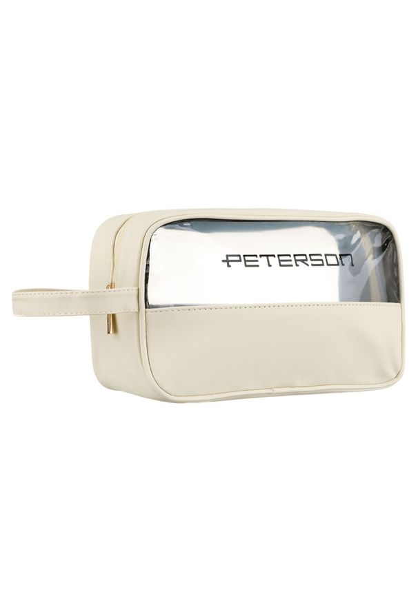 Kosmetyczka z tkaniny syntetycznej w kolorze ecru, wyposażona w przezroczysty panel - Peterson. Materiał: tkanina, syntetyk